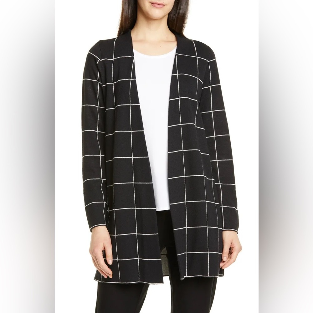 Eileen Fisher Check Wool Cardigan in Black